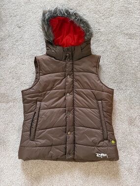 Burton womens Rancher Puffy Vest Brown Dryride Faux Fur Hood size Large